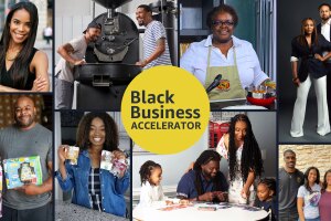 A collage of sellers that are part of the Black Business Accelerator program hold up their products and smile for the picture. 