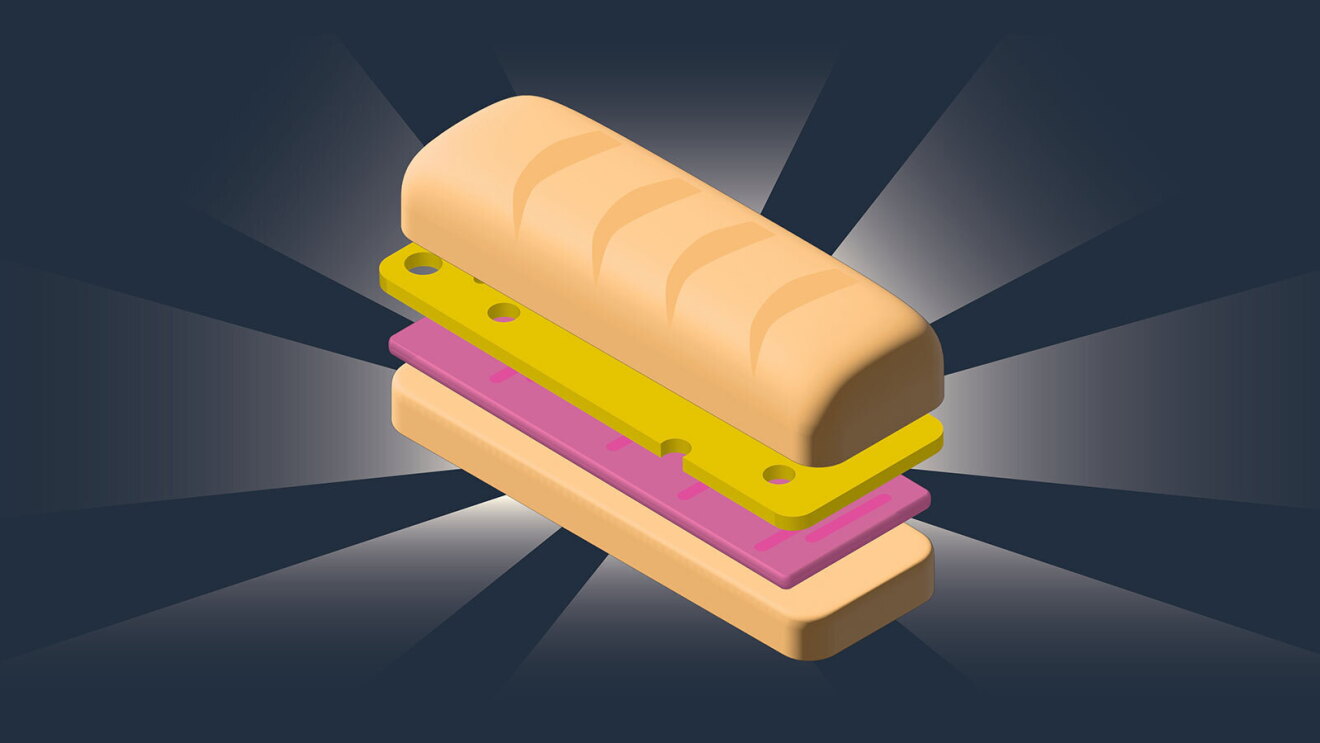 An illustrated image of a panini sandwich with ham and cheese on it. There is a dark blue background behind it.