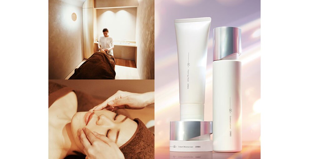 3分割の写真構成。左上はベージュ基調のサロンで施術する女性、左下は横たわってフェイシャルエステを受ける女性のアップ、右側は白いボトルとチューブの基礎化粧商品3点。