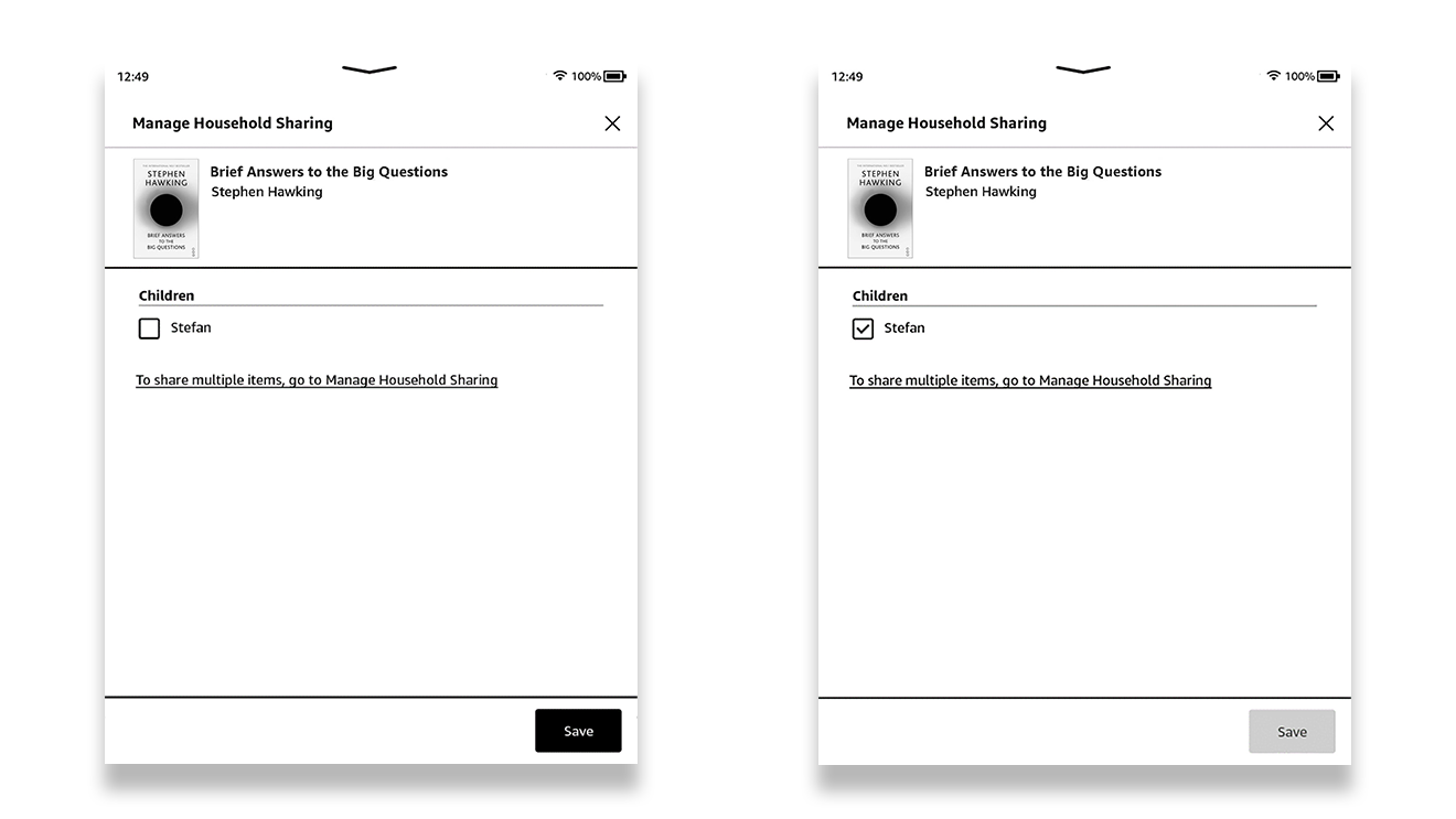 A screenshot of the Kindle app showing users how to change Amazon Household settings