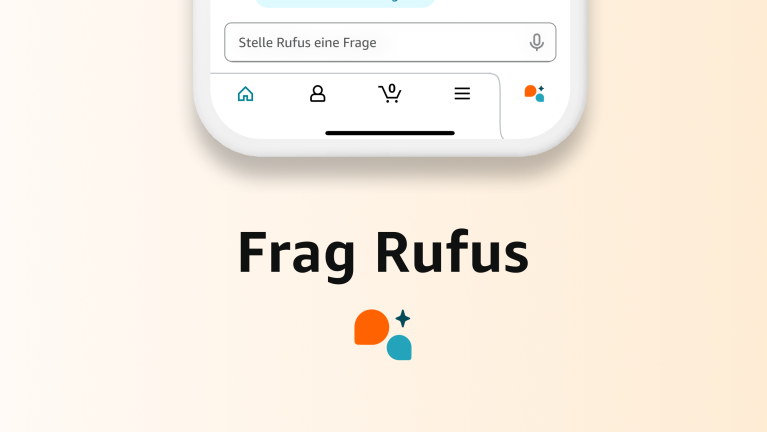 Ein Handy mit der Amazon App. Die Suchleiste zeigt "Stell Rufus eine Frage" an.