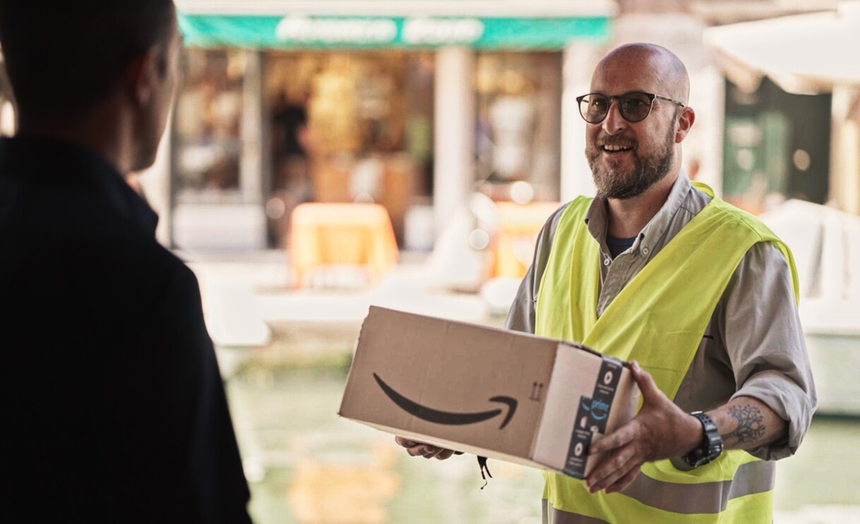 Photos of an aerial view of the Lagoon and an Amazon delivery driver handing over a delivery to a customer at his doorstep.