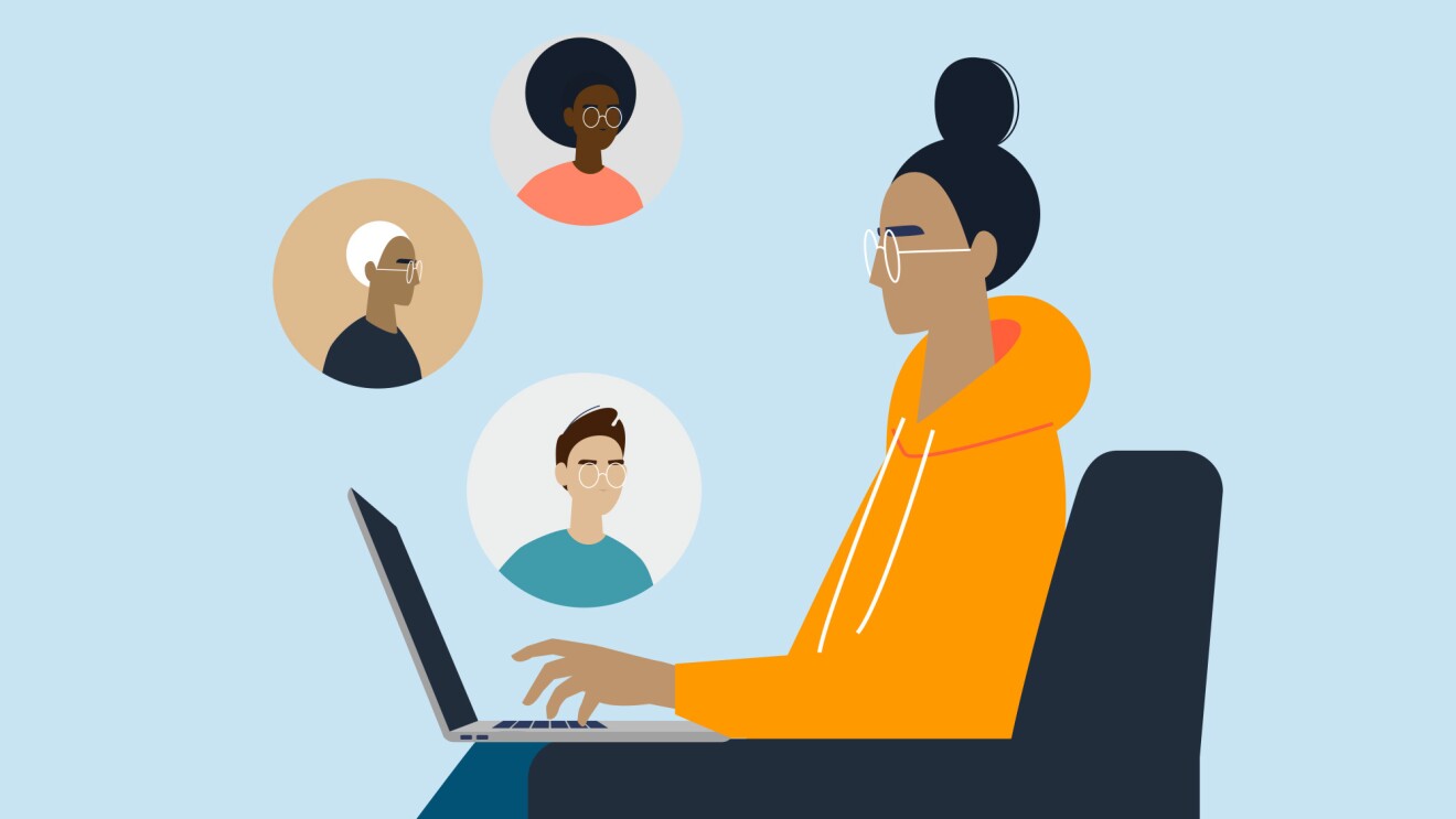 一个人在他们的笔记本电脑上的插图。笔记本电脑周围有一些圆形图像,上面有其他人的插图。