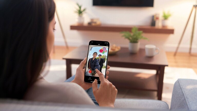 リビングのような明るい室内、ソファに座ってスマートホンを操作する女性の後ろ姿。部屋にはテーブルやテレビ、観葉植物。