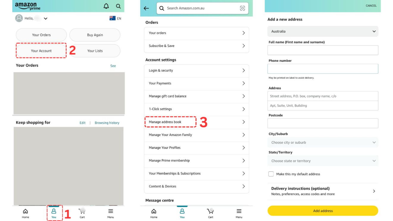 How to add new address of Amazon in mobile app