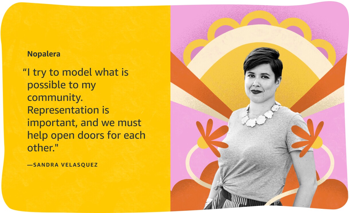 An info card with a black and white image of a woman surrounded by an illustration of assorted colors on the right, and a text with a yellow background on the left that reads "Nopalera" and "I try to model what is possible to m community. Representation is important, and we must help open doors for each other. - Sandra Velasquez" 