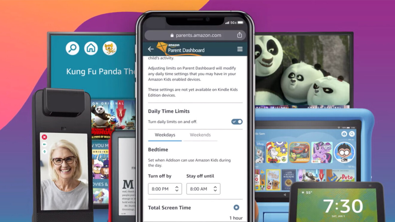An image of Amazon's Parent Dashboard on a phone screen with miscellaneous kids devices around it on a purple background.