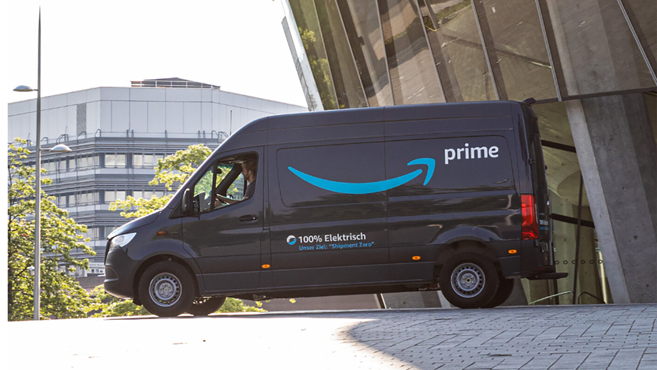 Mercedes Benz van with Amazon Prime branding on it. 