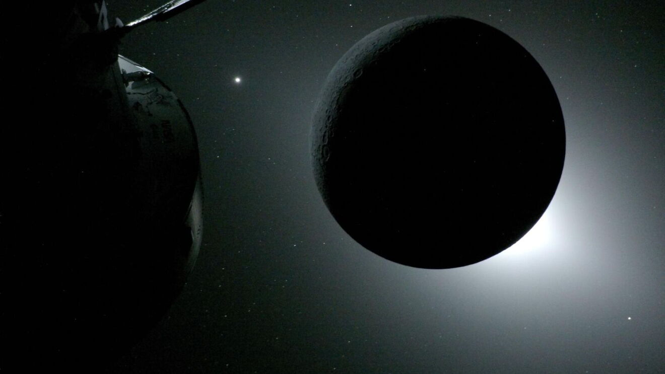 Dark moon or planet silhouetted against bright stellar halo with asteroids visible in starry background