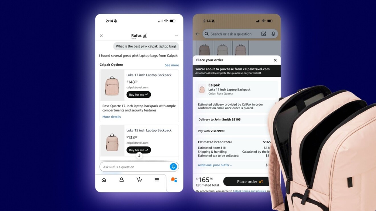 Amazon Buy for Me shopping experience for Calpak laptop bags with product selection and purchase options