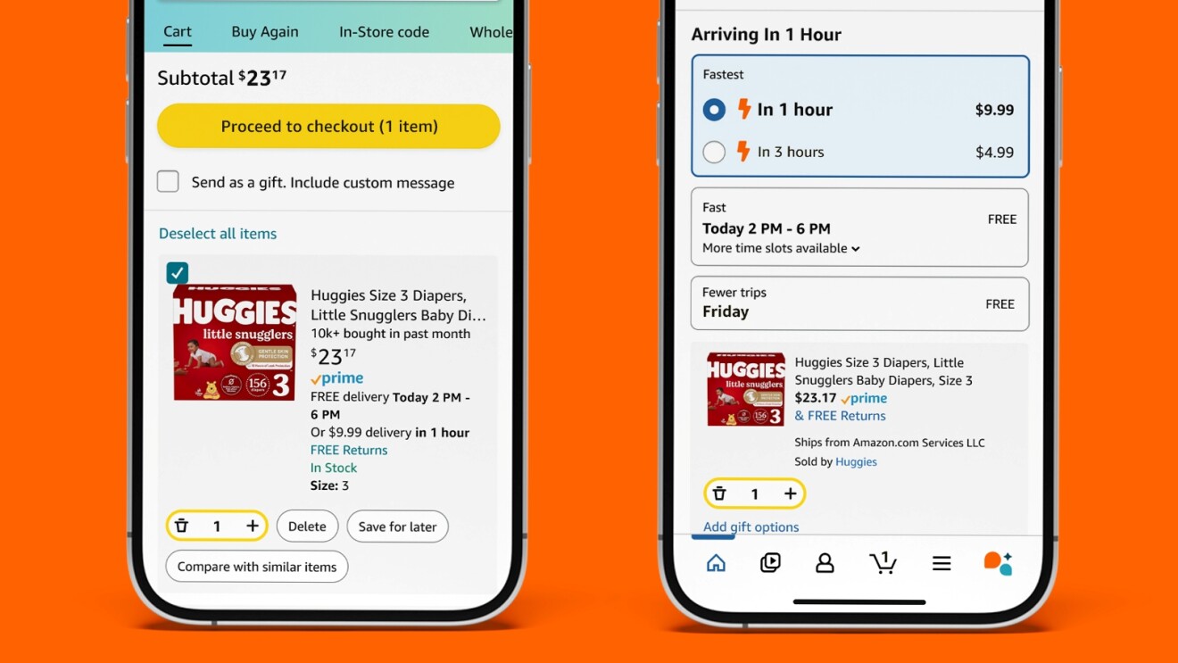 Amazon shopping app screens showing Huggies diapers delivery options