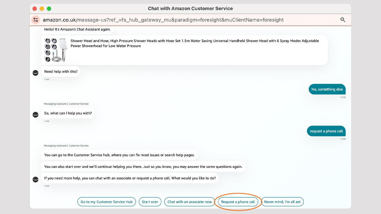 Website showing how to contact Amazon customer service