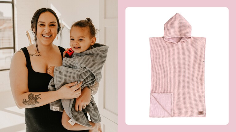 small businesses featured in Oprah’s Favorite Things 2024 holiday gift list: Smiling woman holding cheerful toddler wrapped in gray waffle towel
