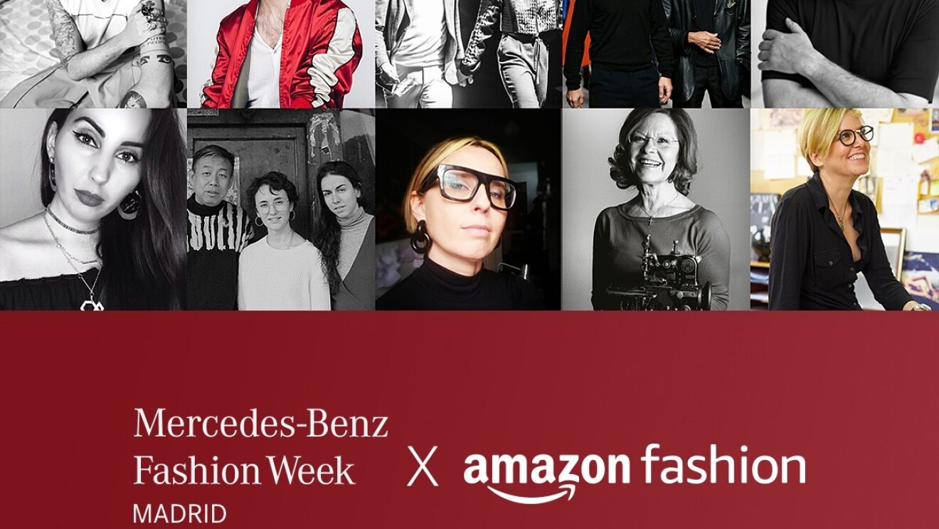 El texto de la foto en blanco es el siguiente: Mercedes-Benz Fashion Week Madrid X Amazon Fashion, La imagen es rectangular. En la mitad superior hay 10 imágenes en forma de rectángulo de diseñadores de moda. Y en la parte inferior y en un fondo rojo, el texto especificado en blanco.