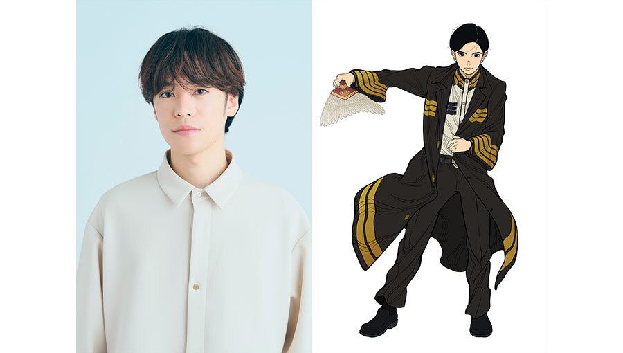 左側は男性の実写プロフィール写真。右側にアニメキャラクターの全身イラスト。キャラクターは白扇を持ち、長いコートのすそがはためいている。
