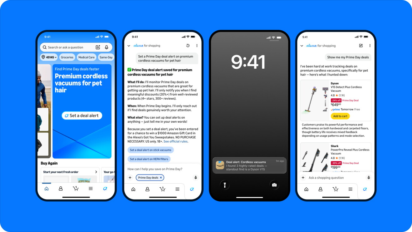 Four smartphone screens showing Amazon's Alexa for shopping interface with Prime Day 2026 vacuum deals and product recommendations