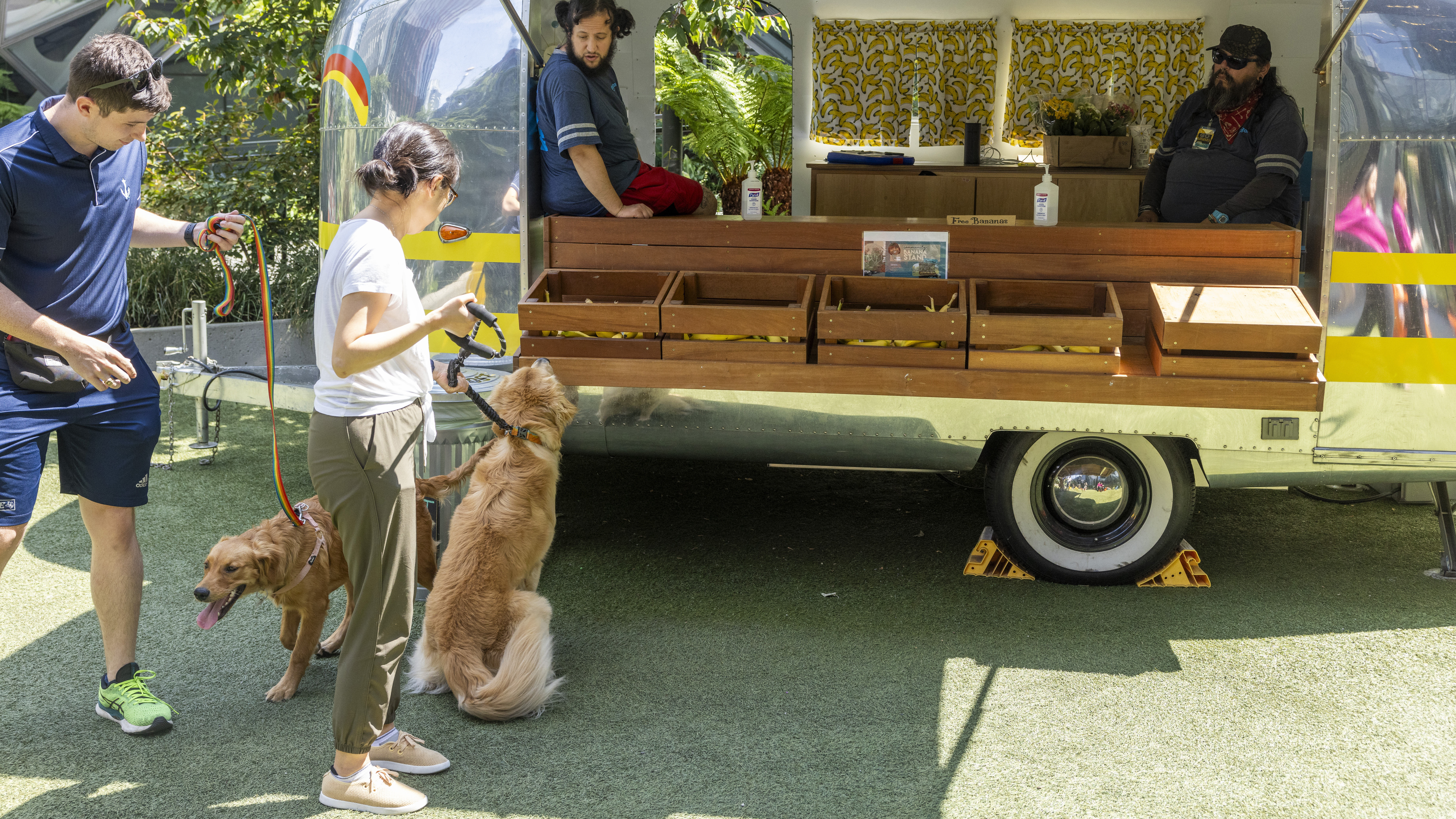 Two dogs and their owners visit the banana stand on the field outside of the Spheres/Day 1.