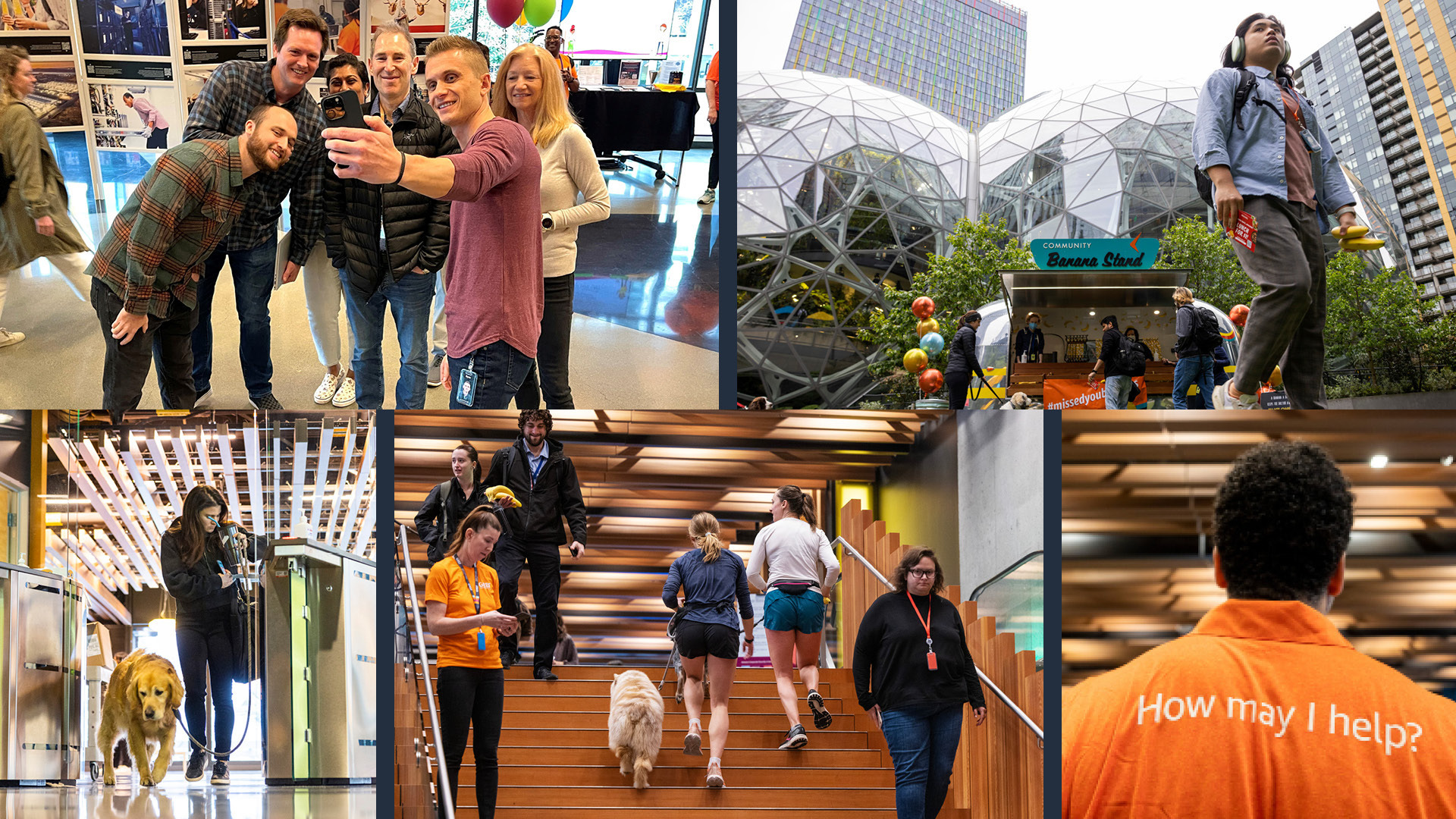 A collage of employees returning to Amazon's Seattle headquarters.