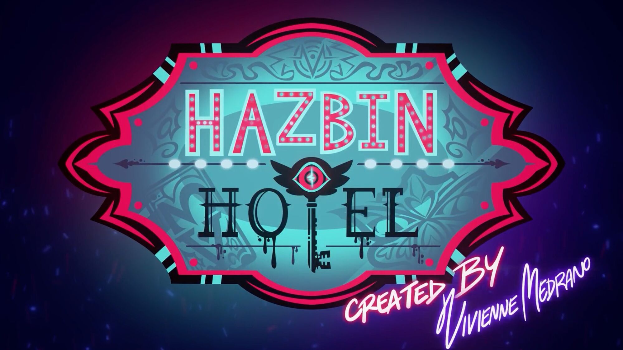 Hazbin Hotel: Neon sign for Hazbin Hotel with ornate frame and creator's name
