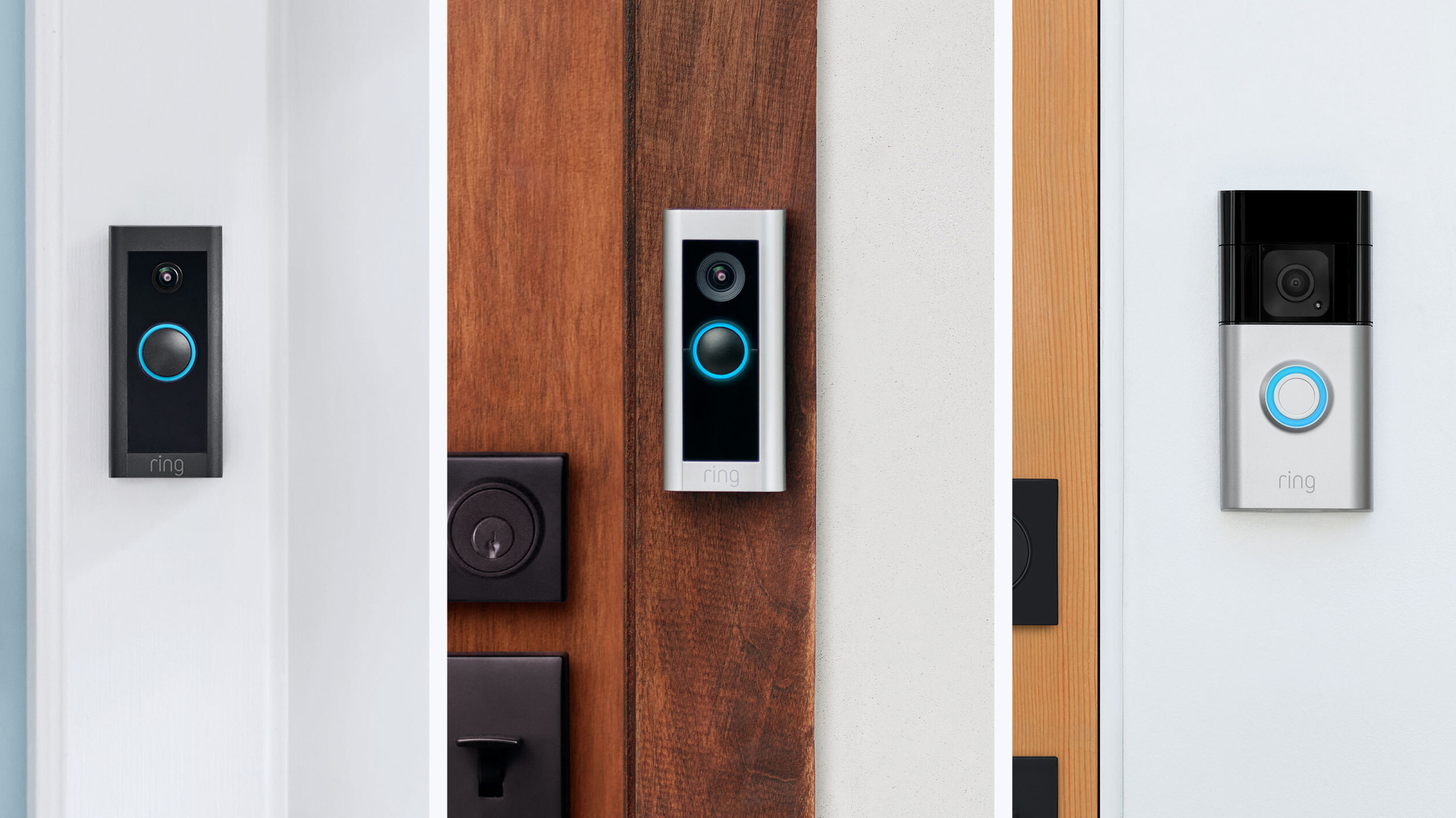 Three side by side images of different generations of Ring doorbell cameras. 