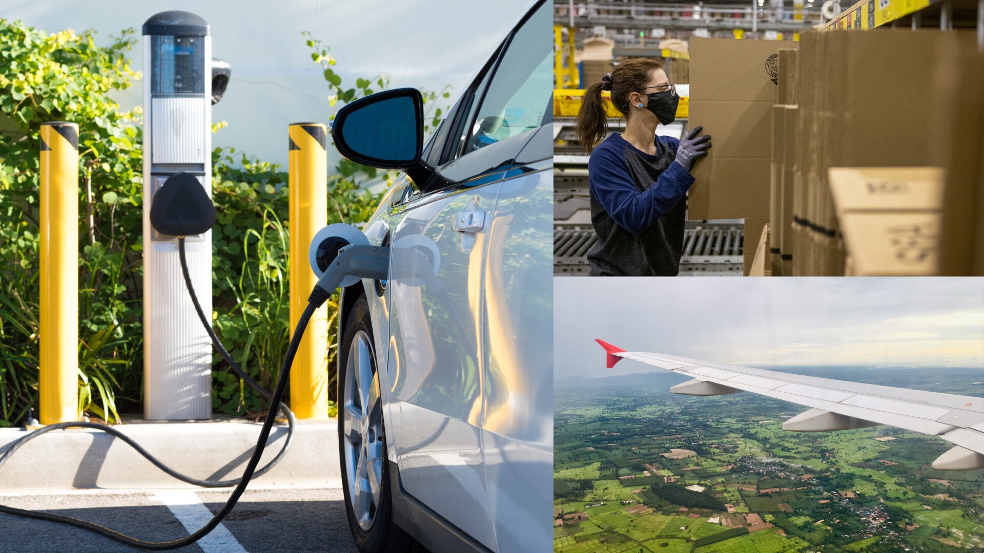 A triptych image showing an electric car recharging at a station, a person packaging a box in a warehouse or fulfillment center, and the wing of an airplane over a patchwork of farmlands and towns. 