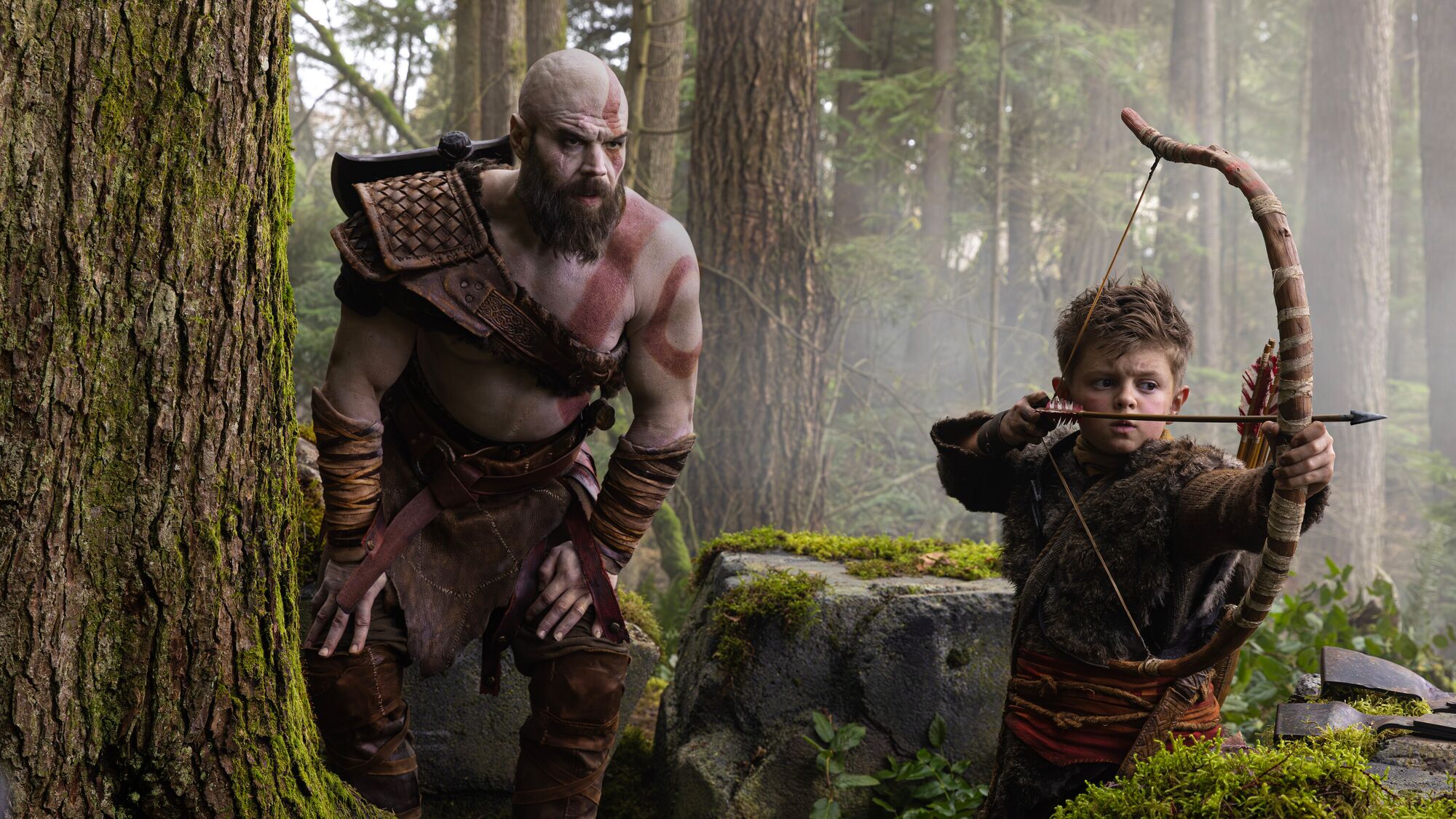 Ryan Hurst as Kratos and Callum Vinson as Atreus in Prime Video's new series God of War.