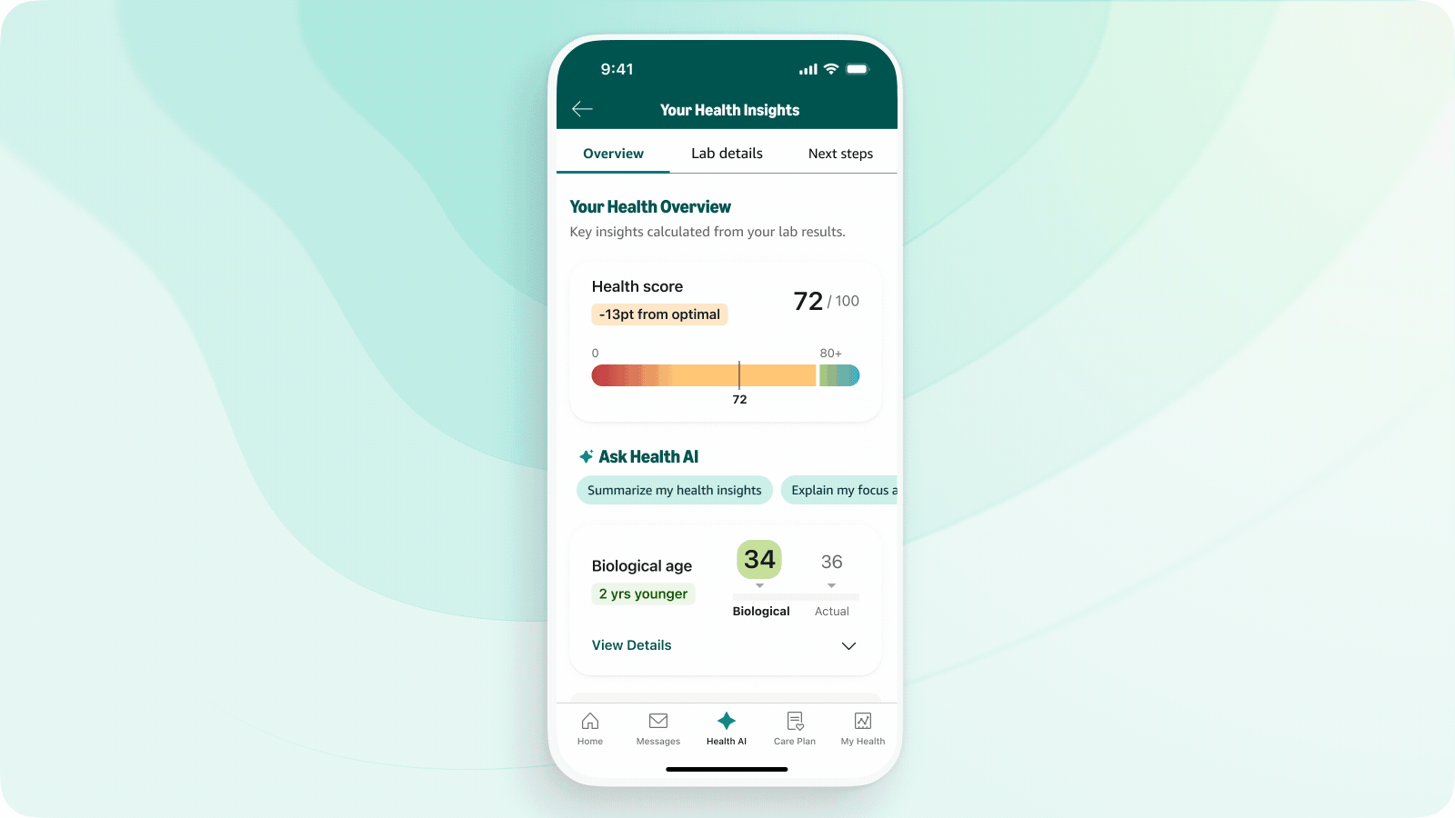 GIF displaying lab results on new Health AI interface on the Amazon One Medical app