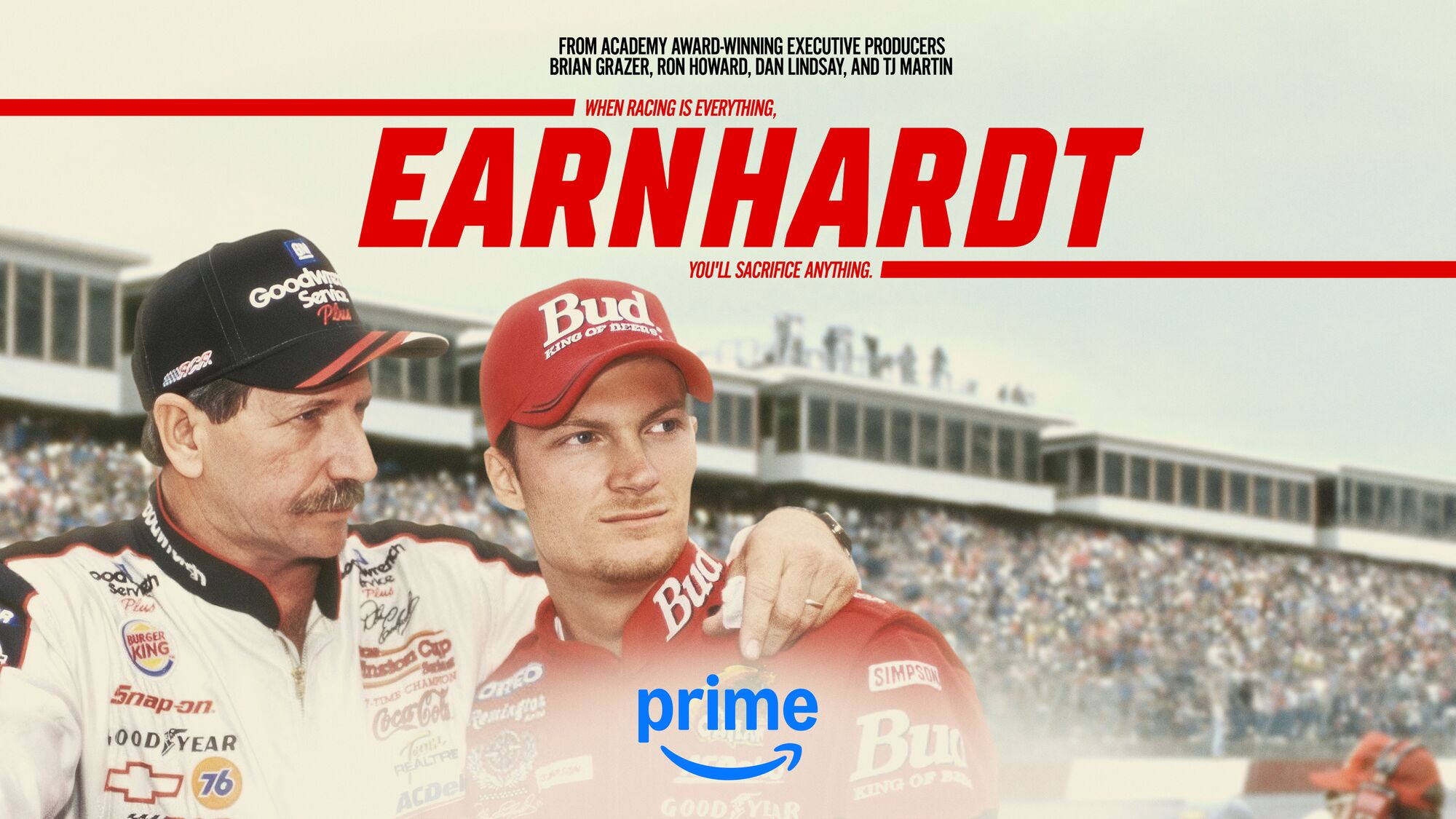 Movie poster for 'Earnhardt' featuring two NASCAR drivers at a racetrack.