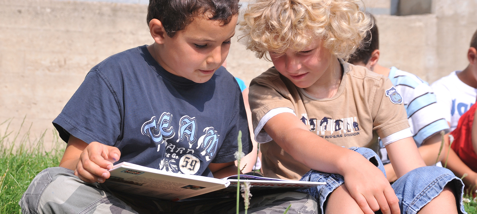 Zwei kleine Jungs sitzen auf der Wiese und lesen gemeinsam in einem Buch. 