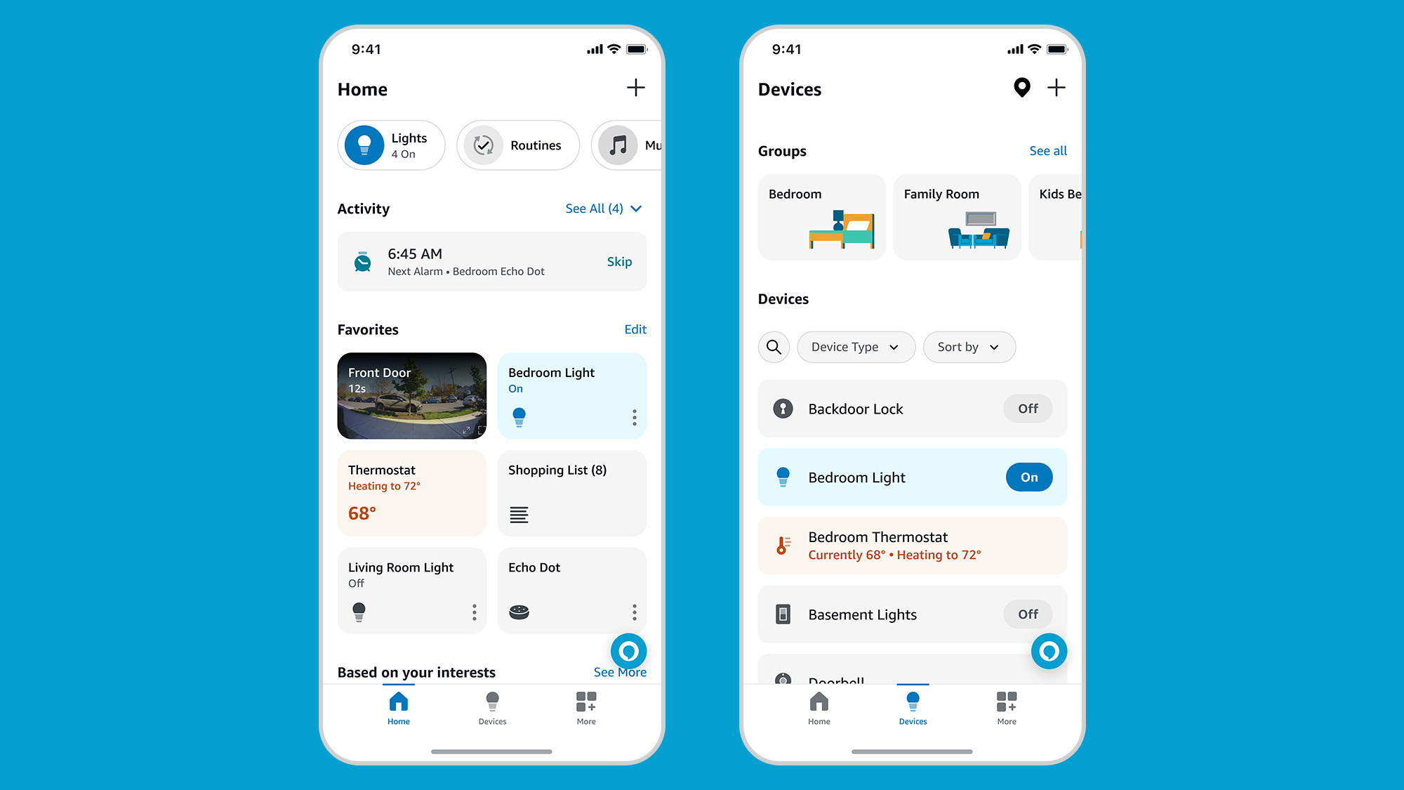 Two mobile screens side by side showing the Alexa app with a bright blue background. 