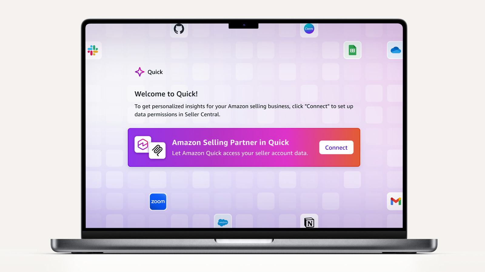 Laptop screen showing Quick app welcome page with prompt to connect Amazon Selling Partner account