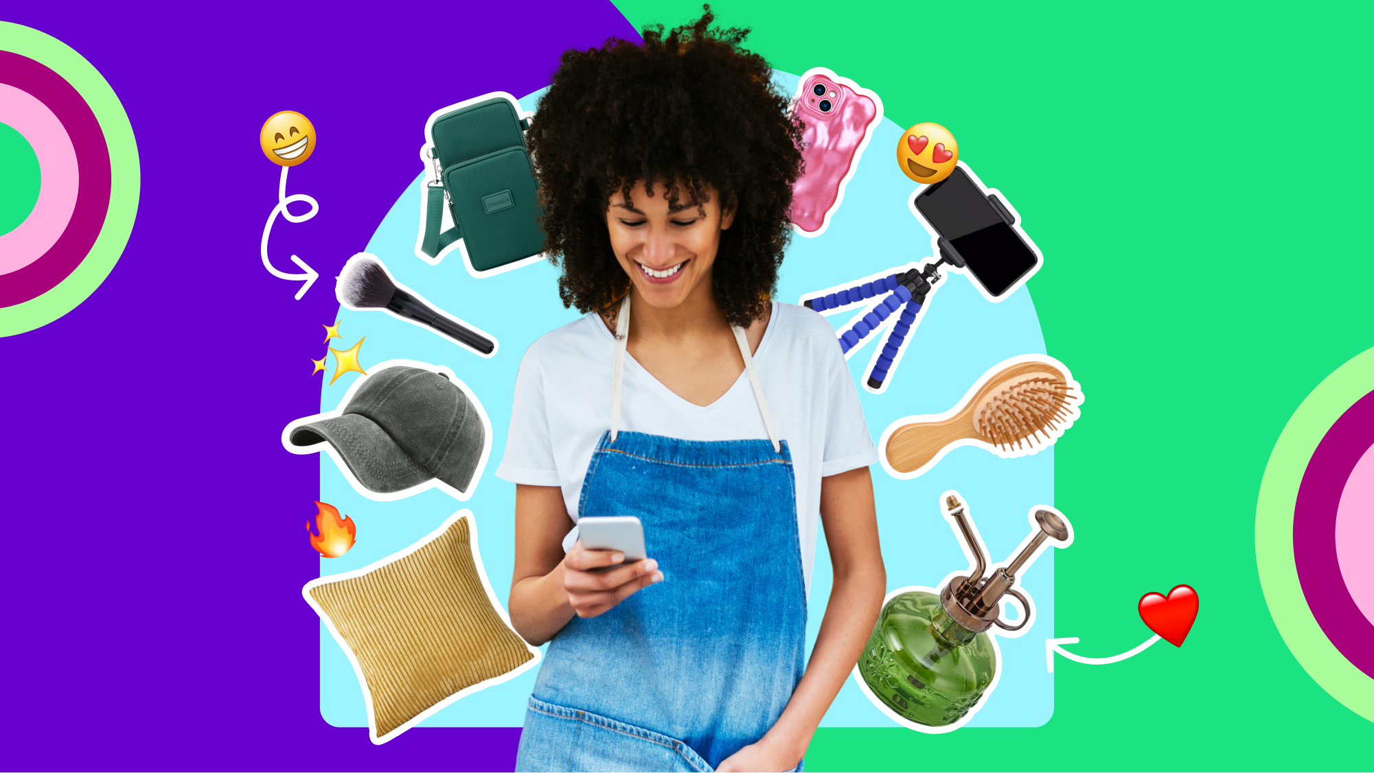 Smiling woman using smartphone, surrounded by lifestyle accessories and emoji icons