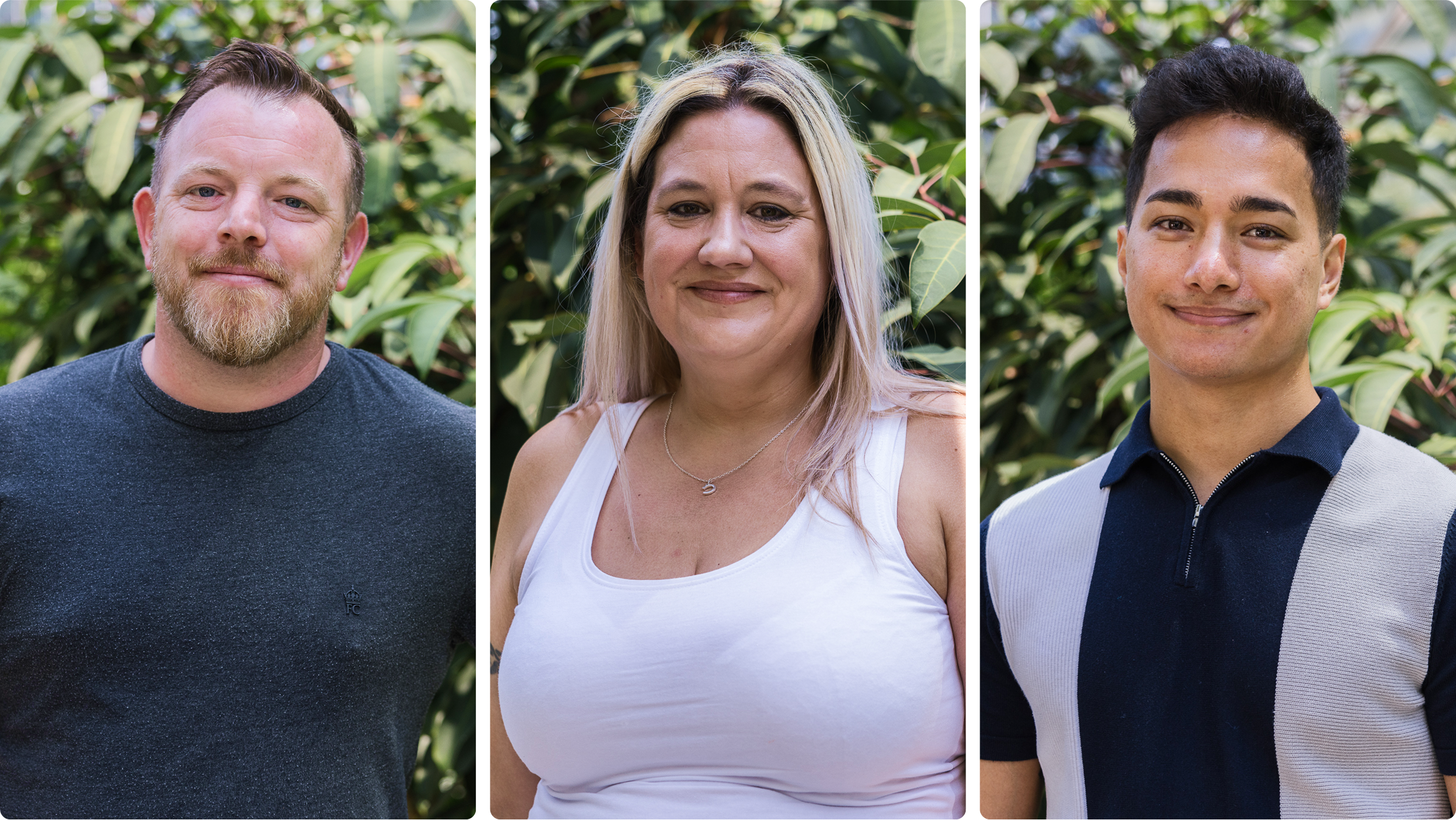Three photos of Amazon employees in casual wear, smiling in front of greenery