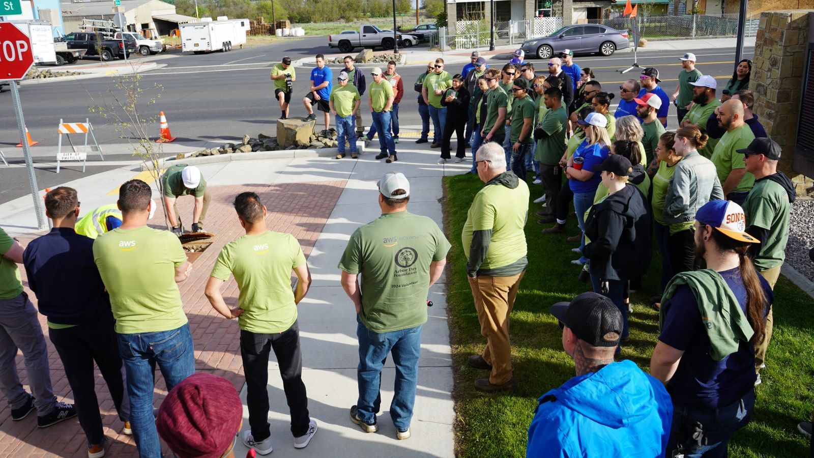 An image of a group of people watching a tree being planted.