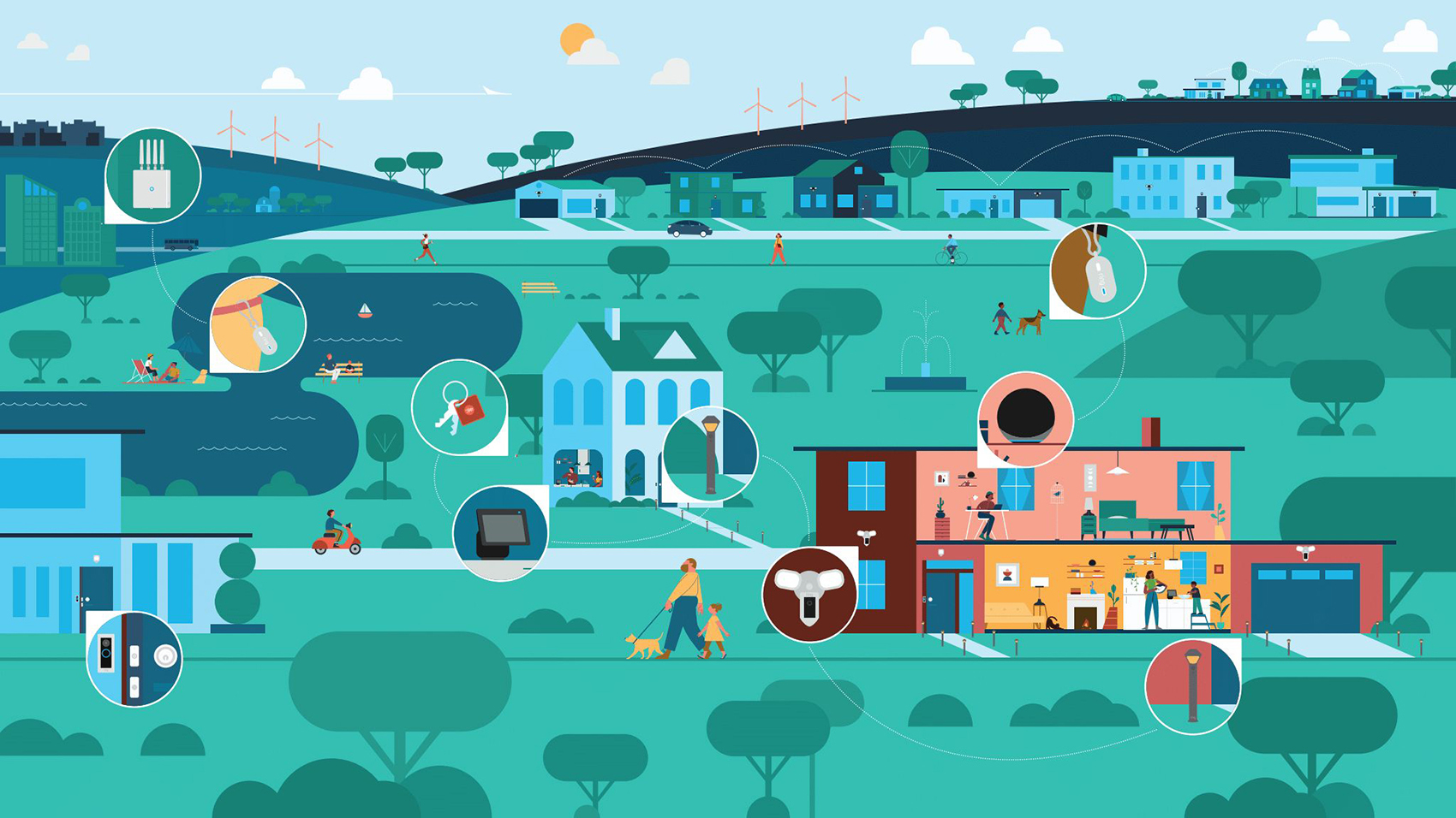 An illustrated image of a small city or town with different pop up bubbles showing Sidewalk Devices connecting pets, buildings, homes, and objects throughout the town.