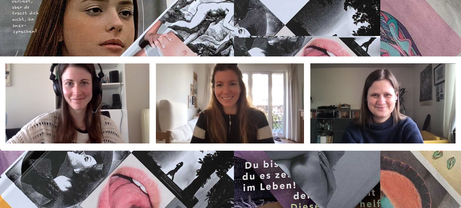 Drei Frauen mit dunklen Haaren sitzen an ihren Schreibtischen und lächeln in die Kamera. 