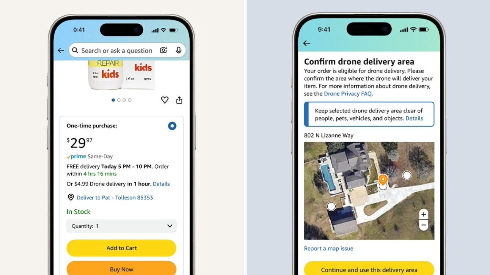Prime Air drone delivery in-app checkout experience