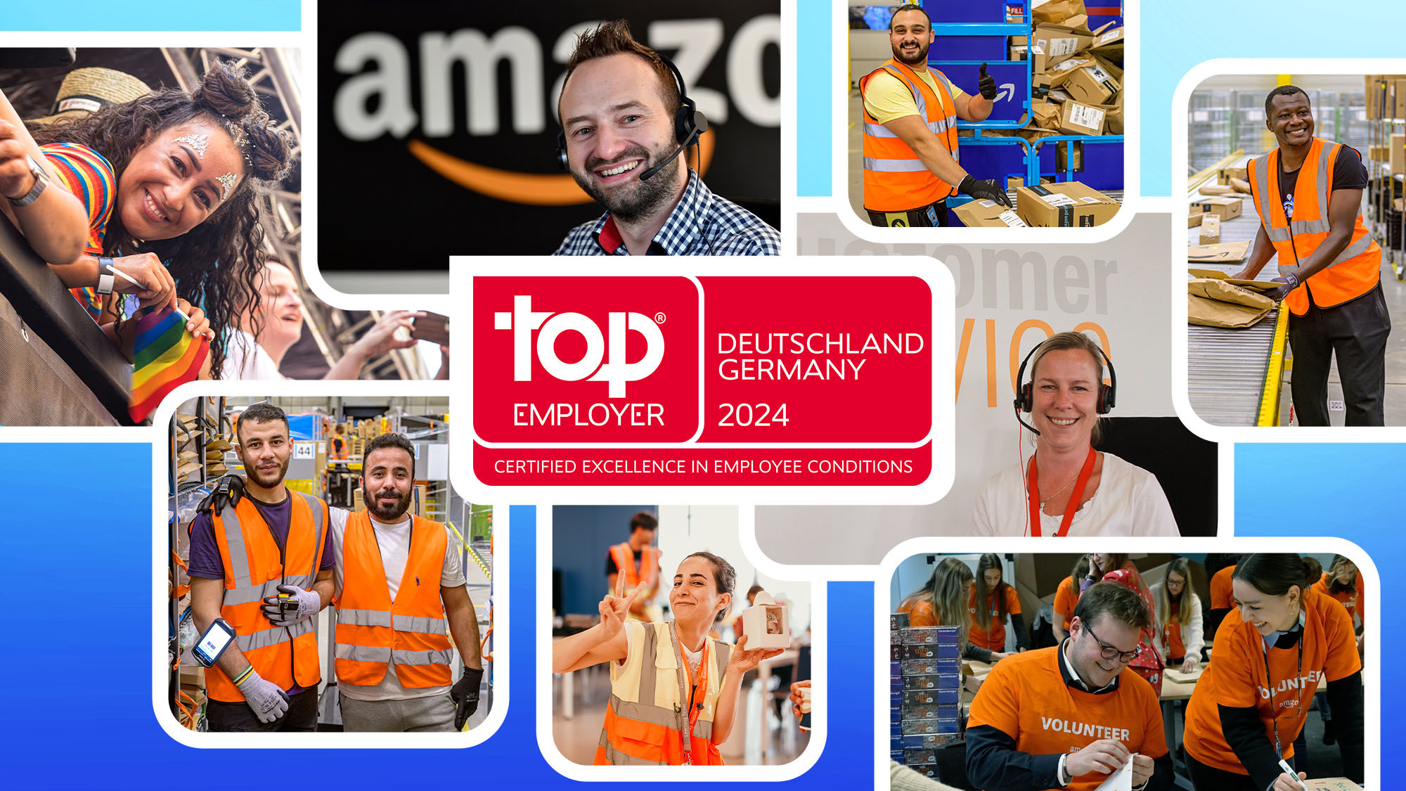 Collage mit einem roten Top Employer Siegel für Amazon Deutschland und mit verschiedenen Amazon Mitarbeiter:innen aus der Logistik, Forschung- und Entwicklung sowie Kundenservice.