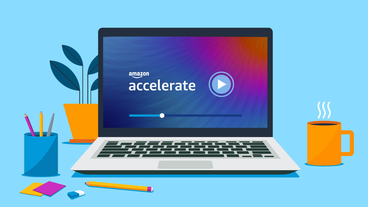 An illustration of a laptop computer next to coffee, pencils, and other desktop items, with "Amazon Accelerate" on the screen. 
