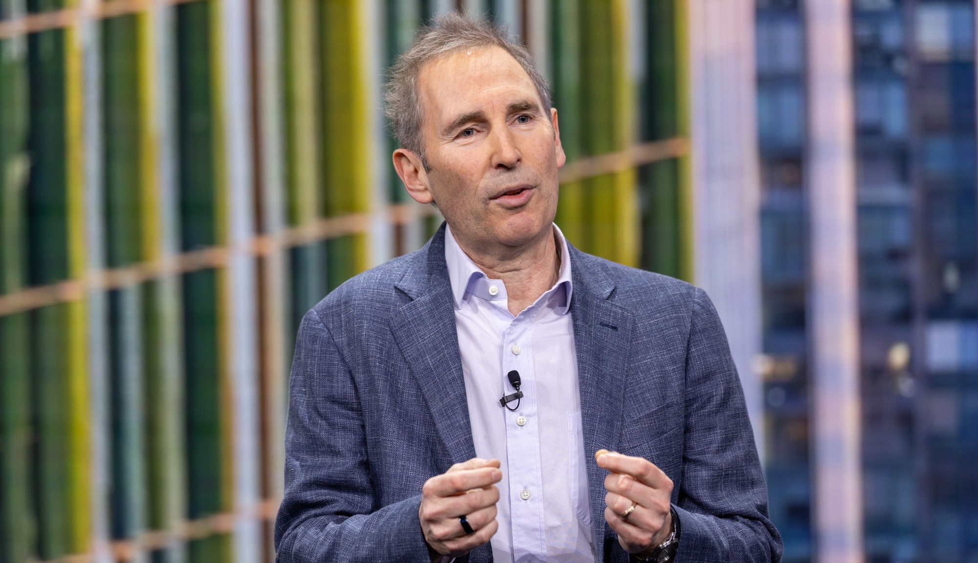 Amazon CEO Andy Jassy presents at an Amazon meeting for all employees.