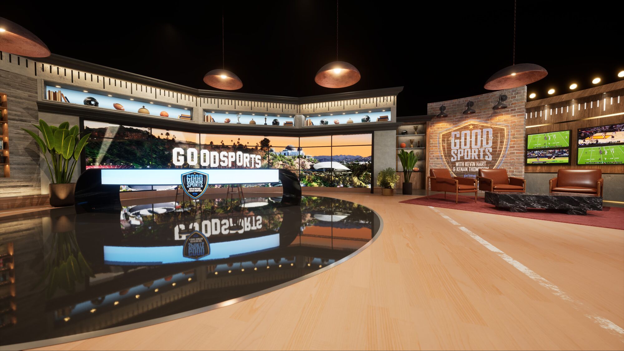 Good Sports TV set featuring panoramic screens and leather seating