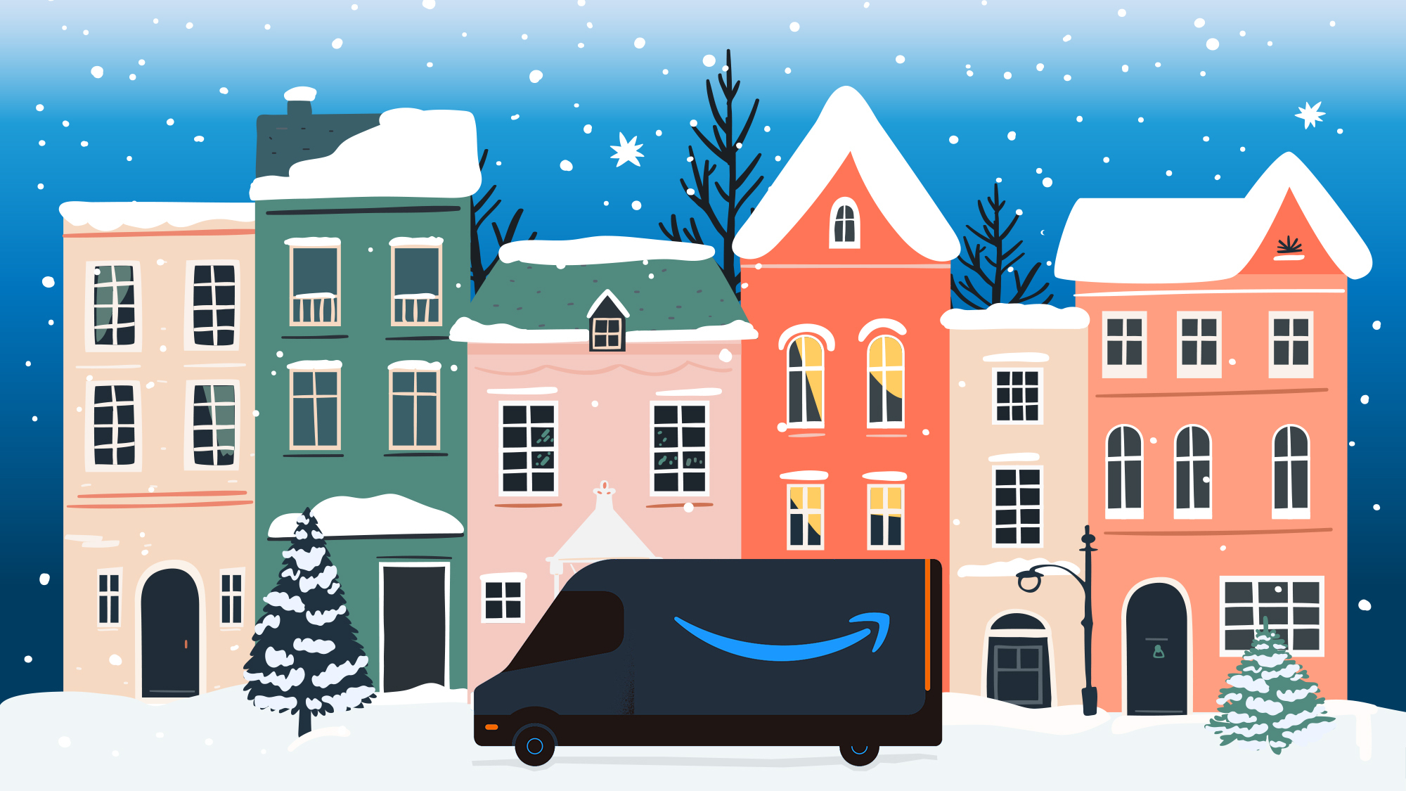 Cartoon image of snow-covered buildings with an Amazon delivery van out front.