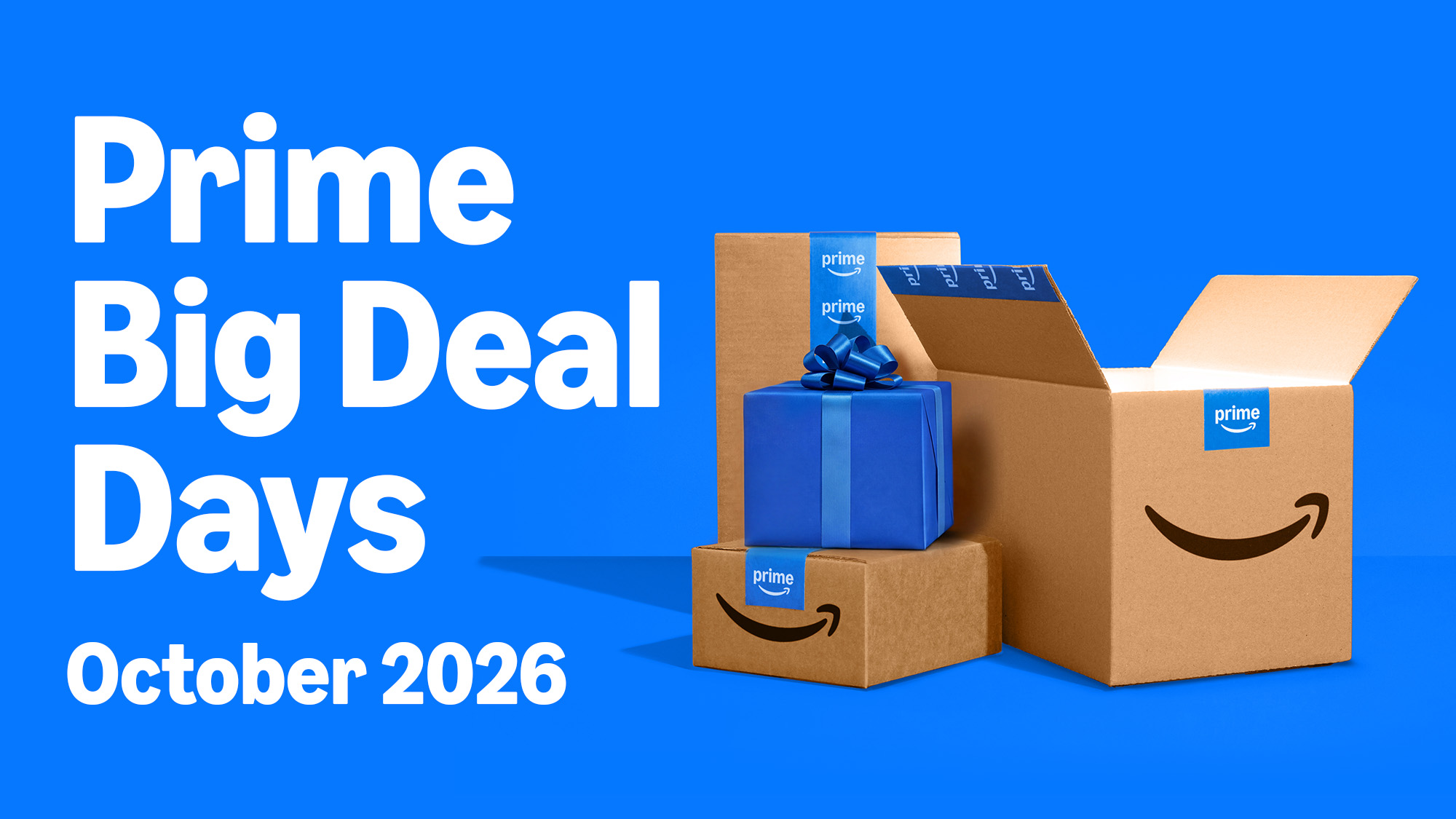 Prime Big Deal Days October 2026 with Amazon boxes and Prime-branded gift