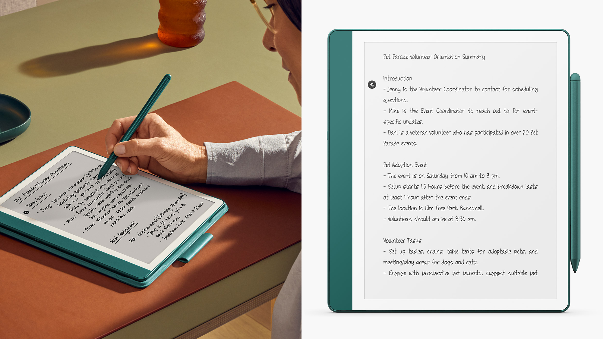 On the left: A person writing on their Kindle Scribe. On the right: an aerial view of a Kindle Scribe.