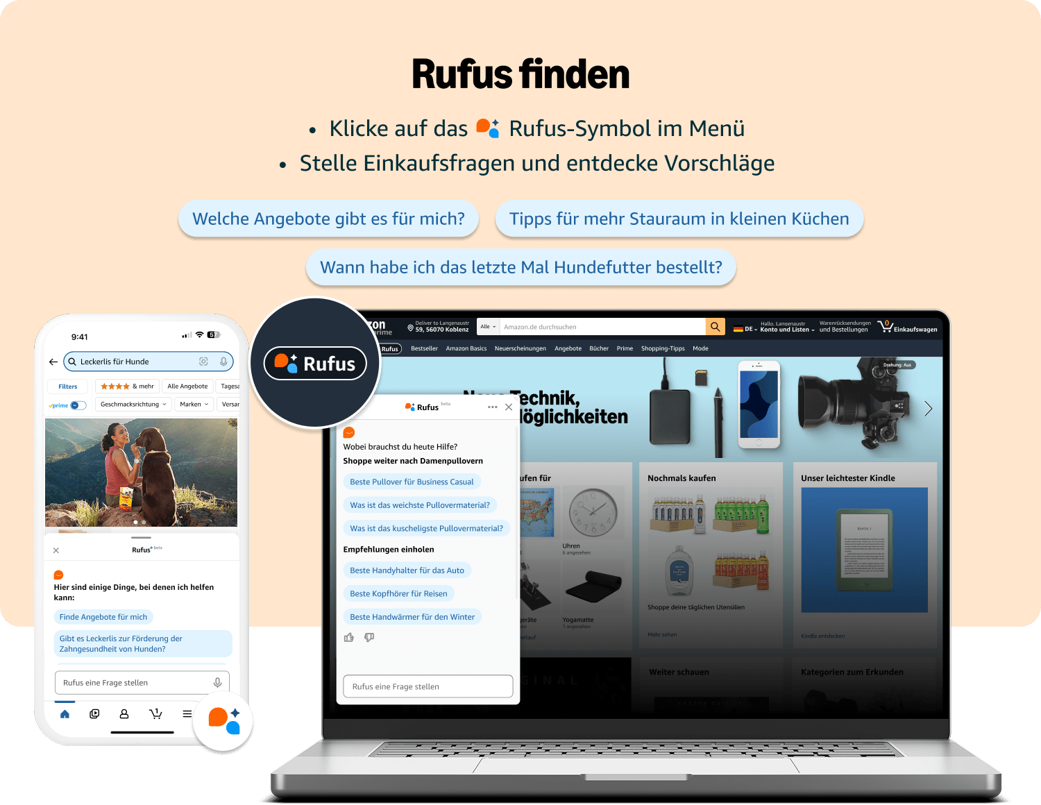Ein Desktop-Bild das zeigt wie man den KI-Assistenten Rufus bei Amazon.de findet. 