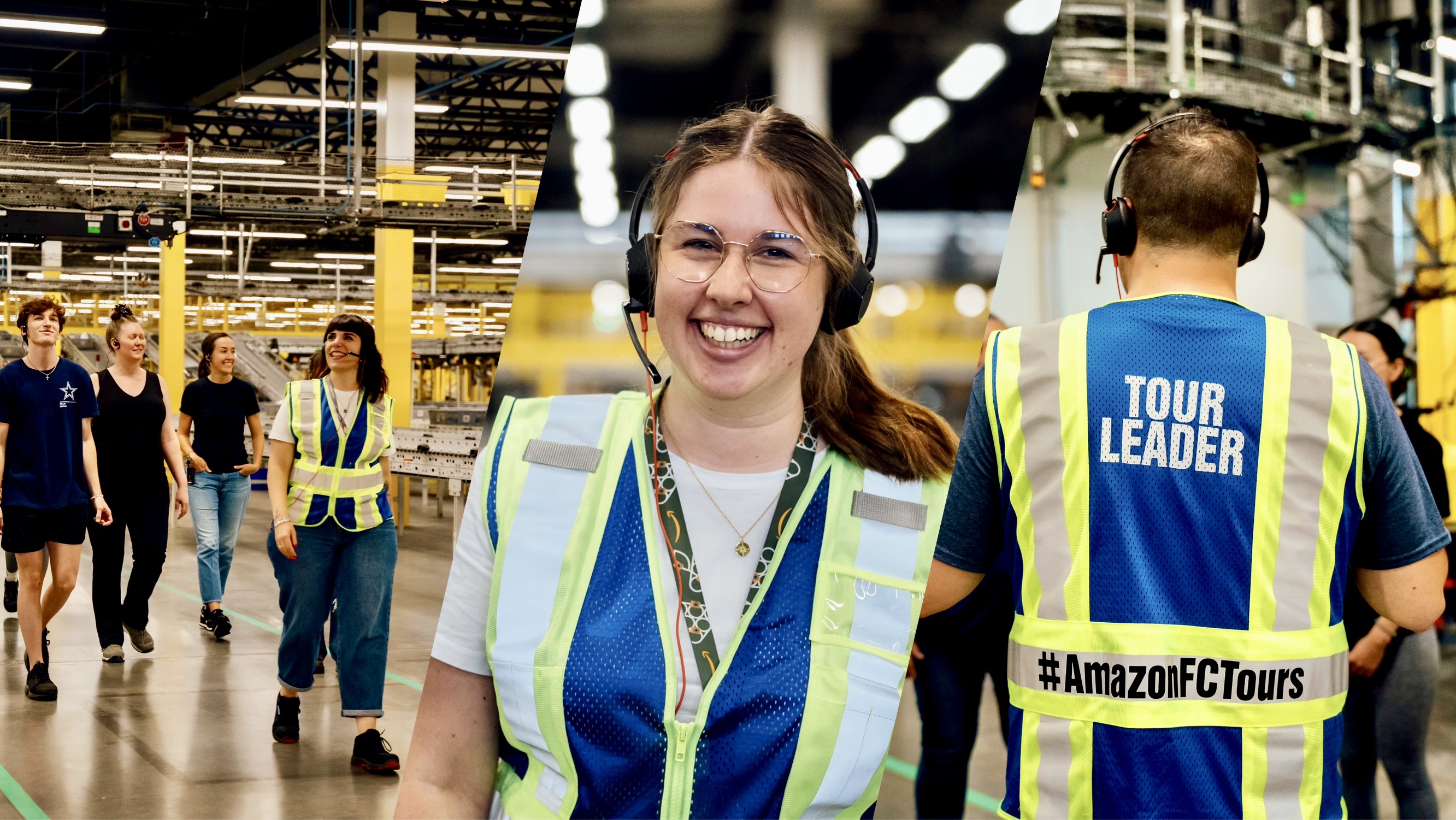 Collage zu Amazon Besuchertouren in den Logistikzentren mit Tour-Guides und Besuchergruppen.