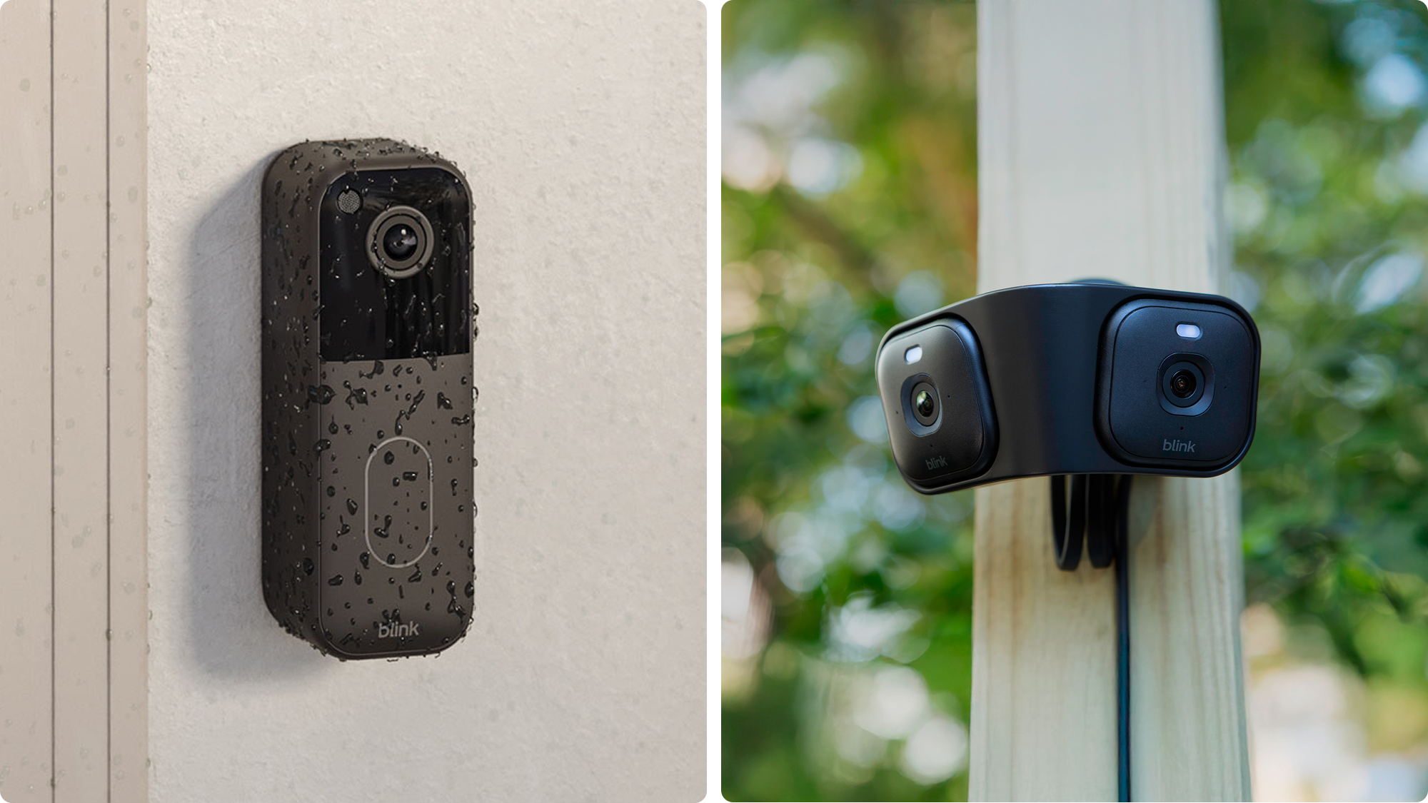 Blink doorbell camera mounted on wall and outdoor security camera on post